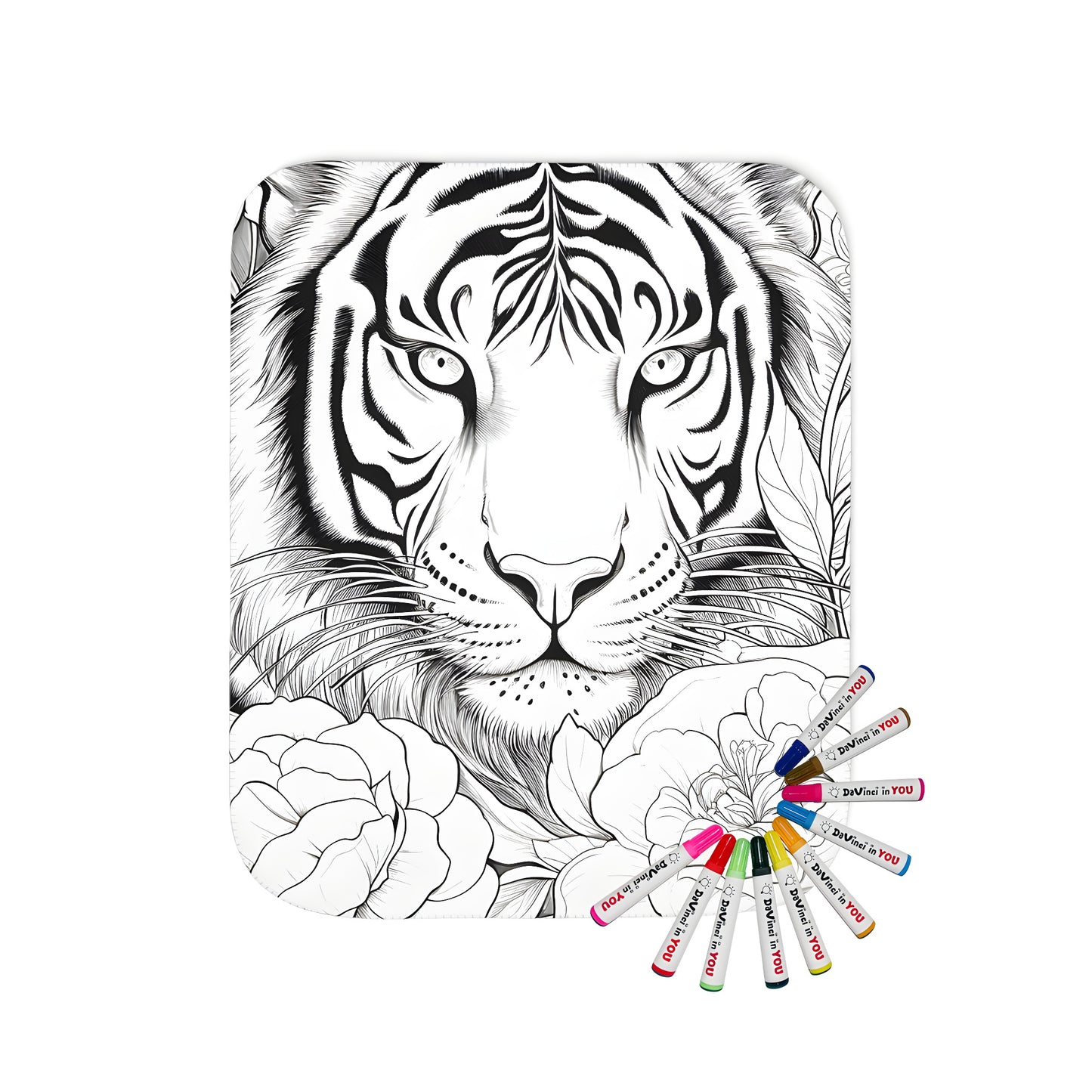 Intricate black and white line drawing of a tiger's face surrounded by flowers on a soft, cozy blanket