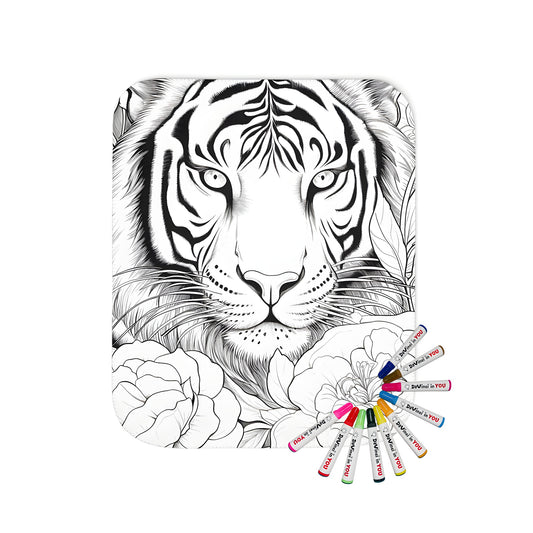 Intricate black and white line drawing of a tiger's face surrounded by flowers on a soft, cozy blanket