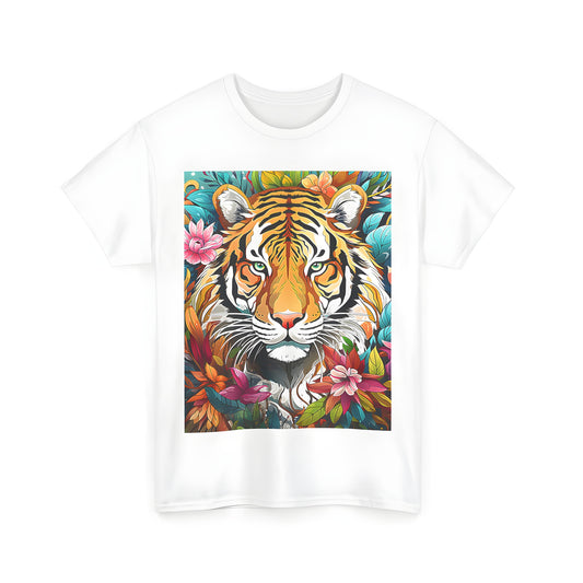 Colorful unisex t-shirt featuring a majestic wild cat surrounded by blooming flowers and lush greenery in a natural setting