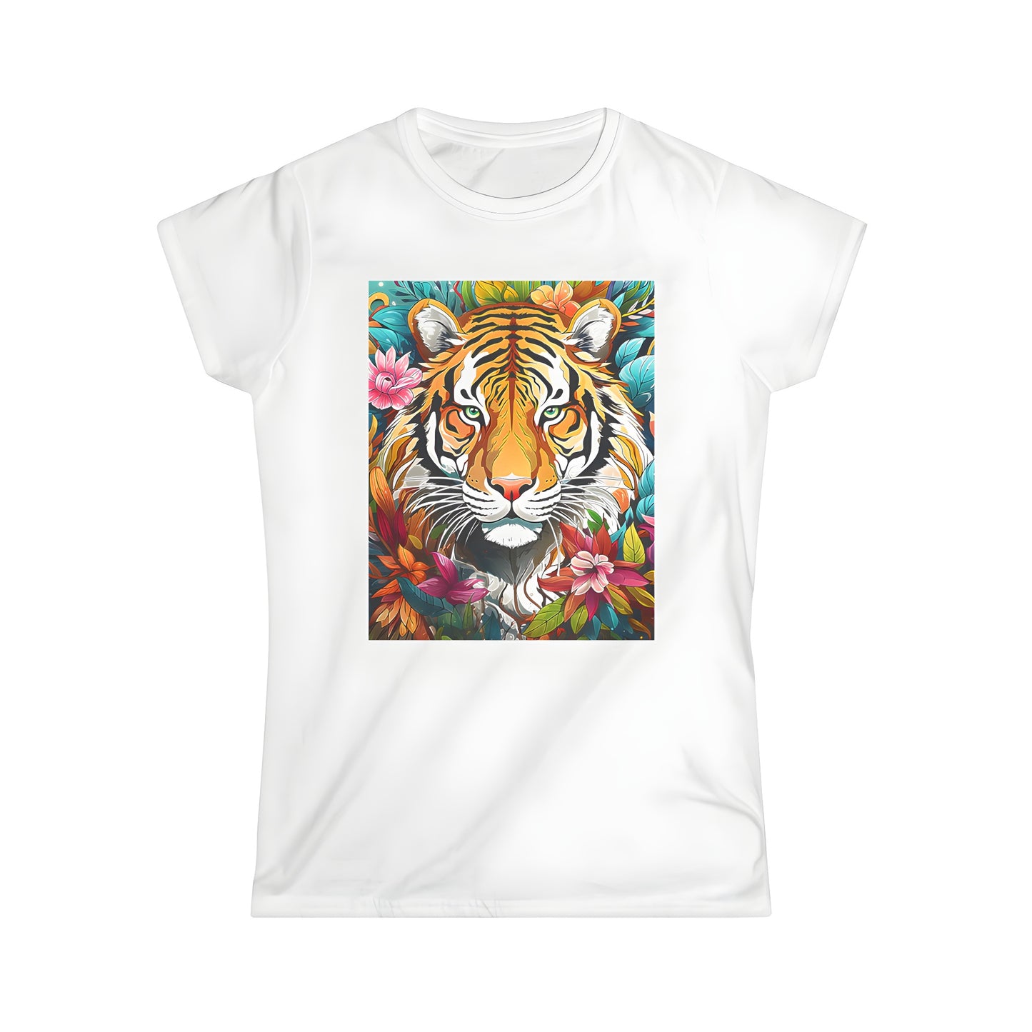 Women's T-Shirt with Vibrant Jungle Animal Design - Colorful Floral and Foliage Surrounding Majestic Wildlife