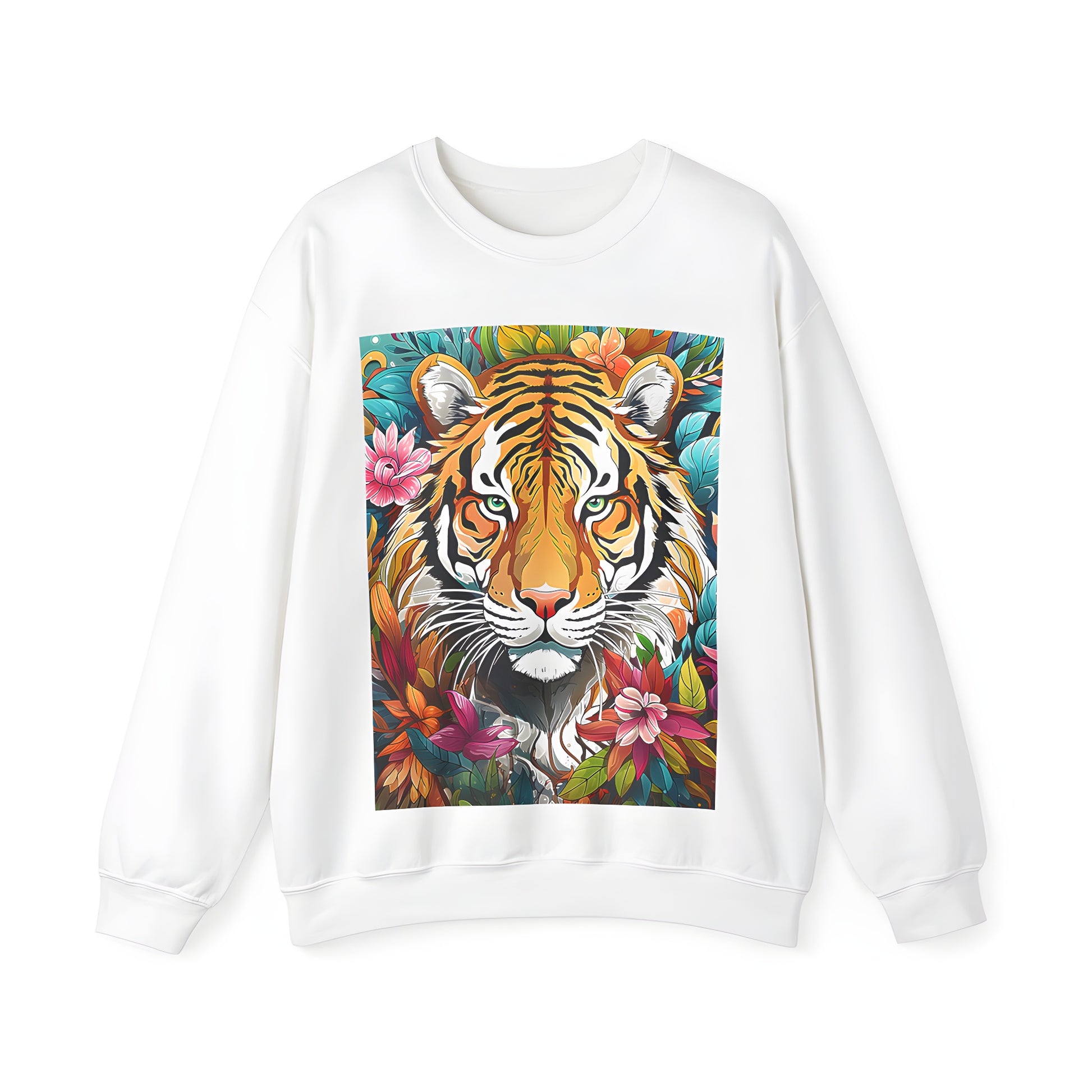 Adult Sweatshirt with a Colorful Tiger Surrounded by Flowers and Foliage