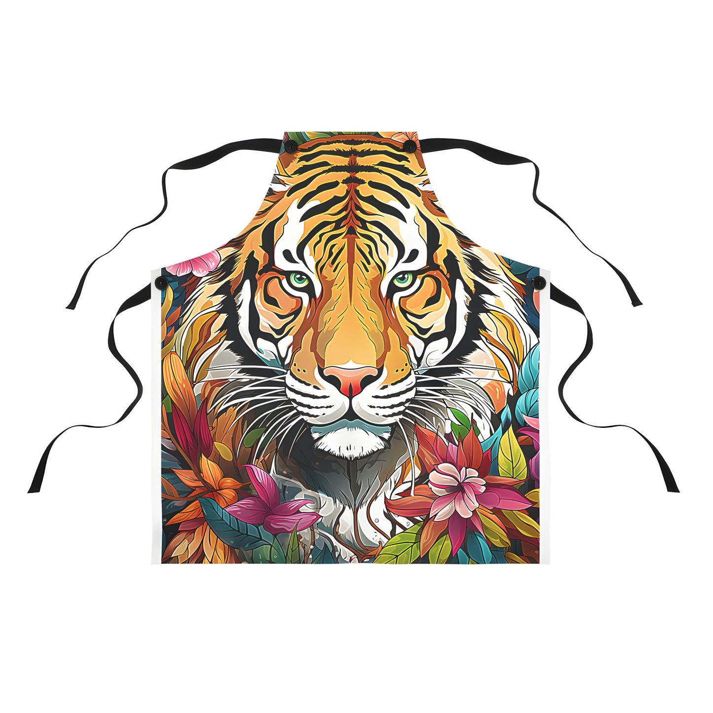 Colorful apron featuring a vibrant tiger design surrounded by flowers and lush foliage, perfect for nature lovers and those who appreciate the beauty of wildlife.