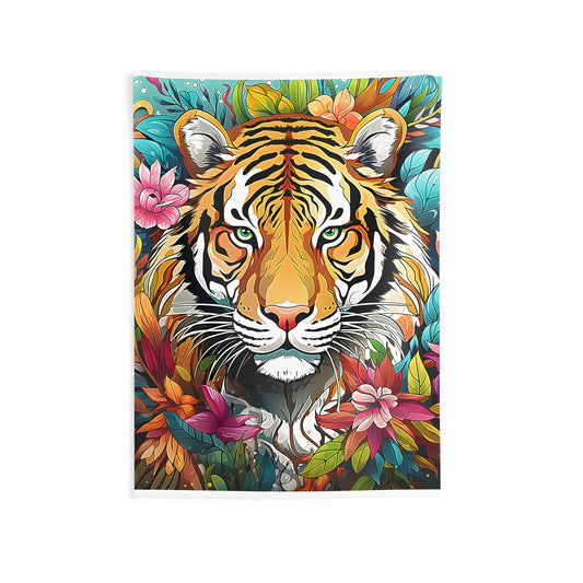 Wall tapestry with tiger in forest, colorful nature wall hanging, home decor