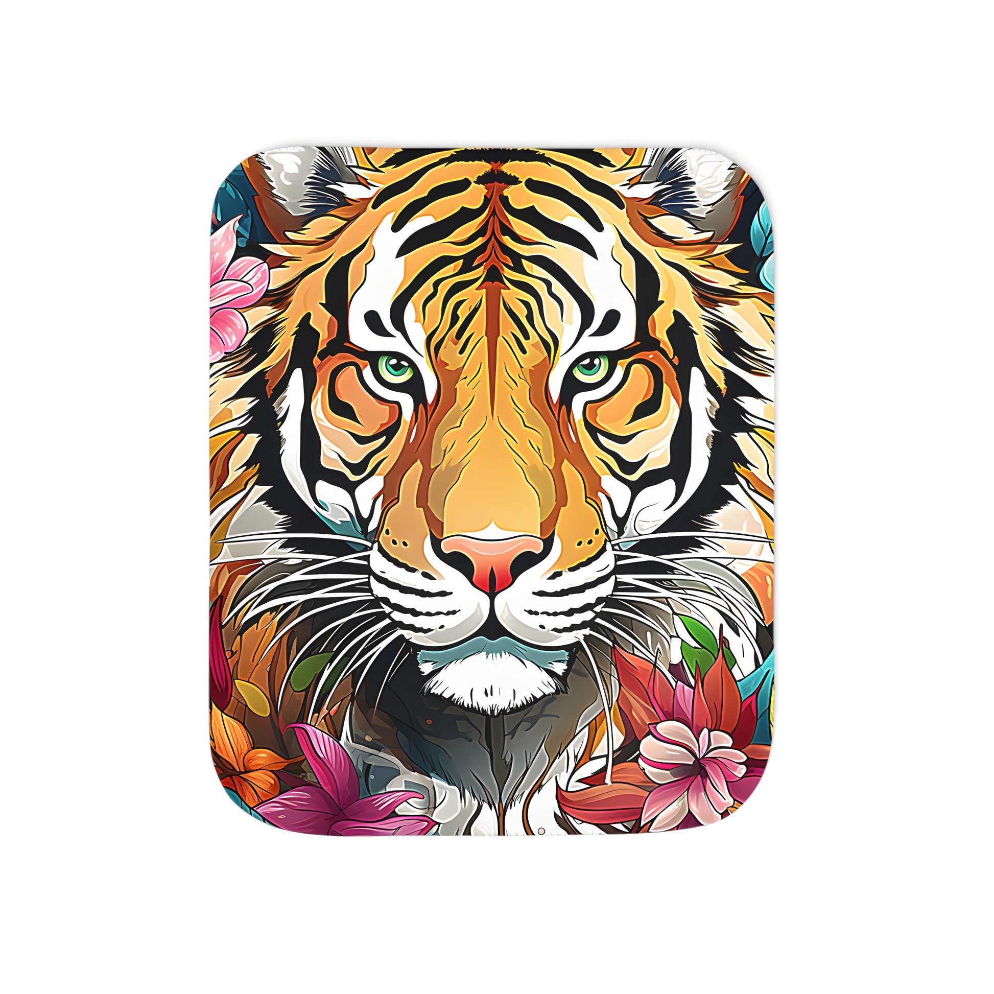 A vibrant and colorful tiger surrounded by flowers and lush foliage on a soft blanket