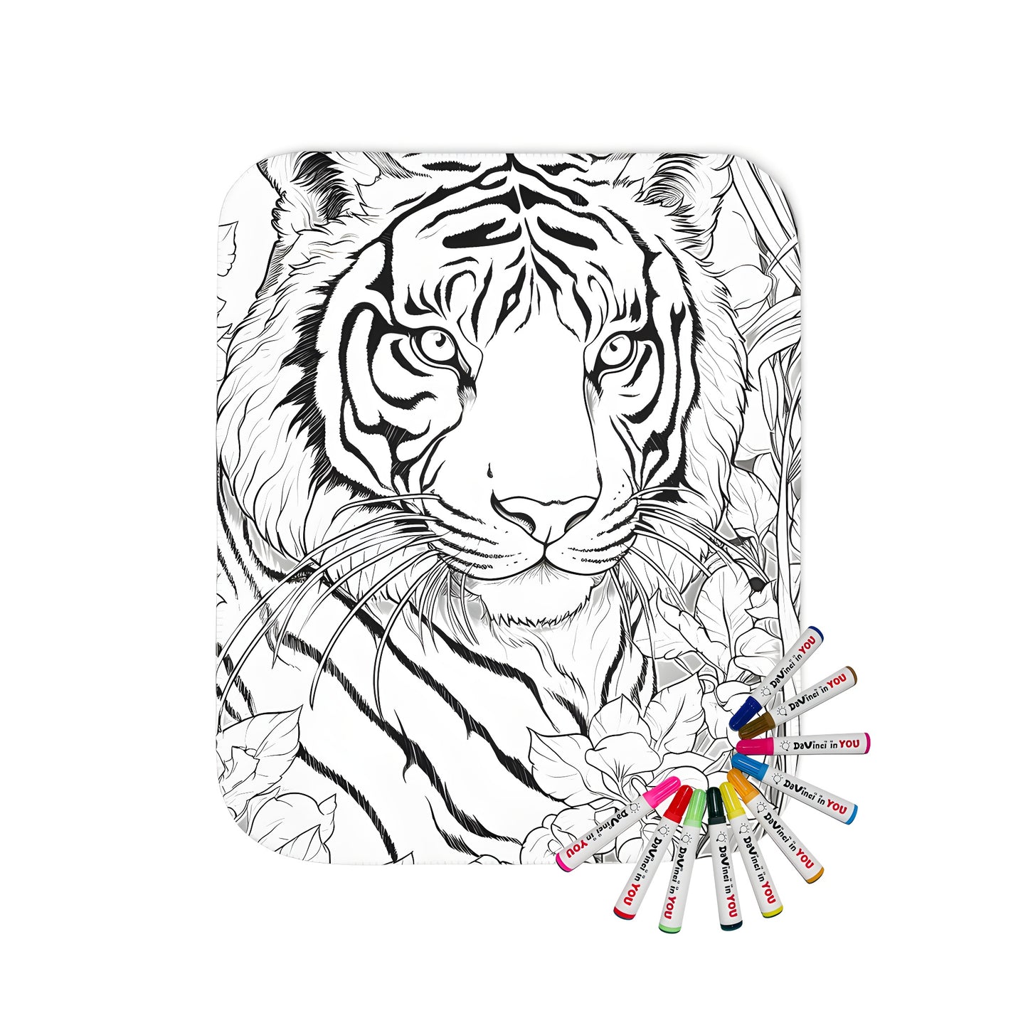 Illustration of a tiger surrounded by jungle foliage on a soft, cozy blanket