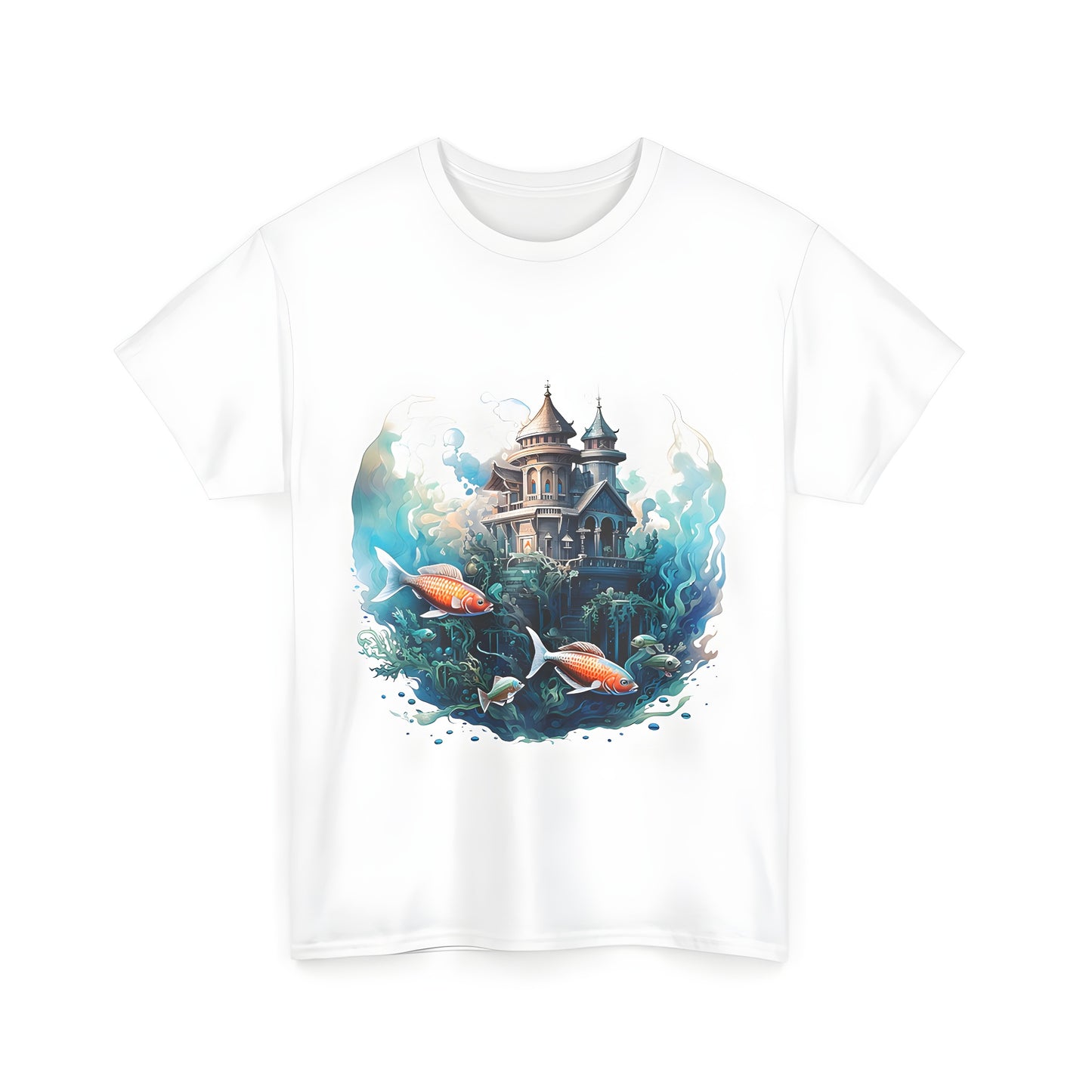 Underwater palace t-shirt design featuring colorful sea creatures