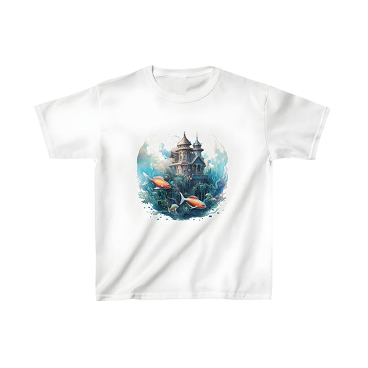 A colorful kid's t-shirt featuring an artistic underwater kingdom scene with fish and sea plants