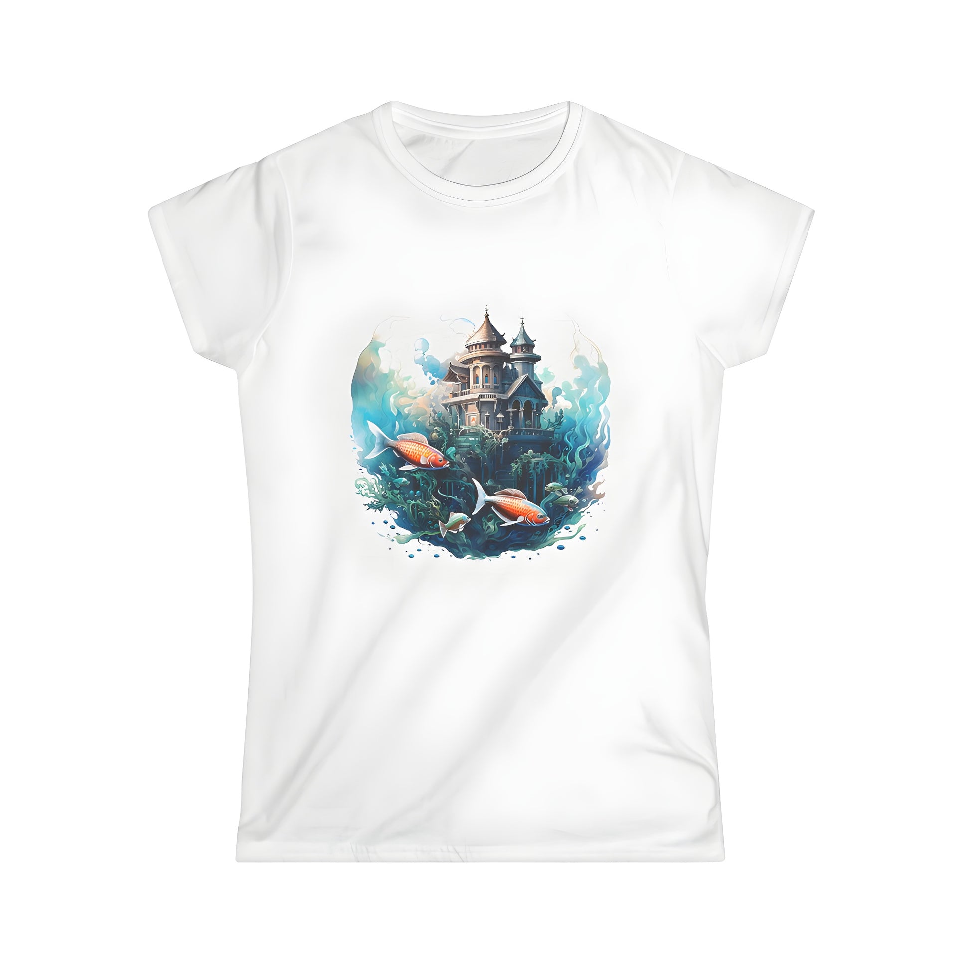 Colorful mermaid palace inspired women's t-shirt featuring vibrant fish and aquatic plants