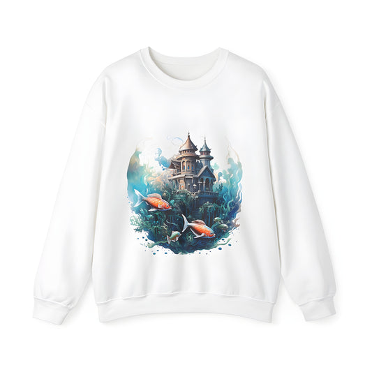 Colorful adult sweatshirt featuring an artistic depiction of an underwater castle with vibrant fish and aquatic plants