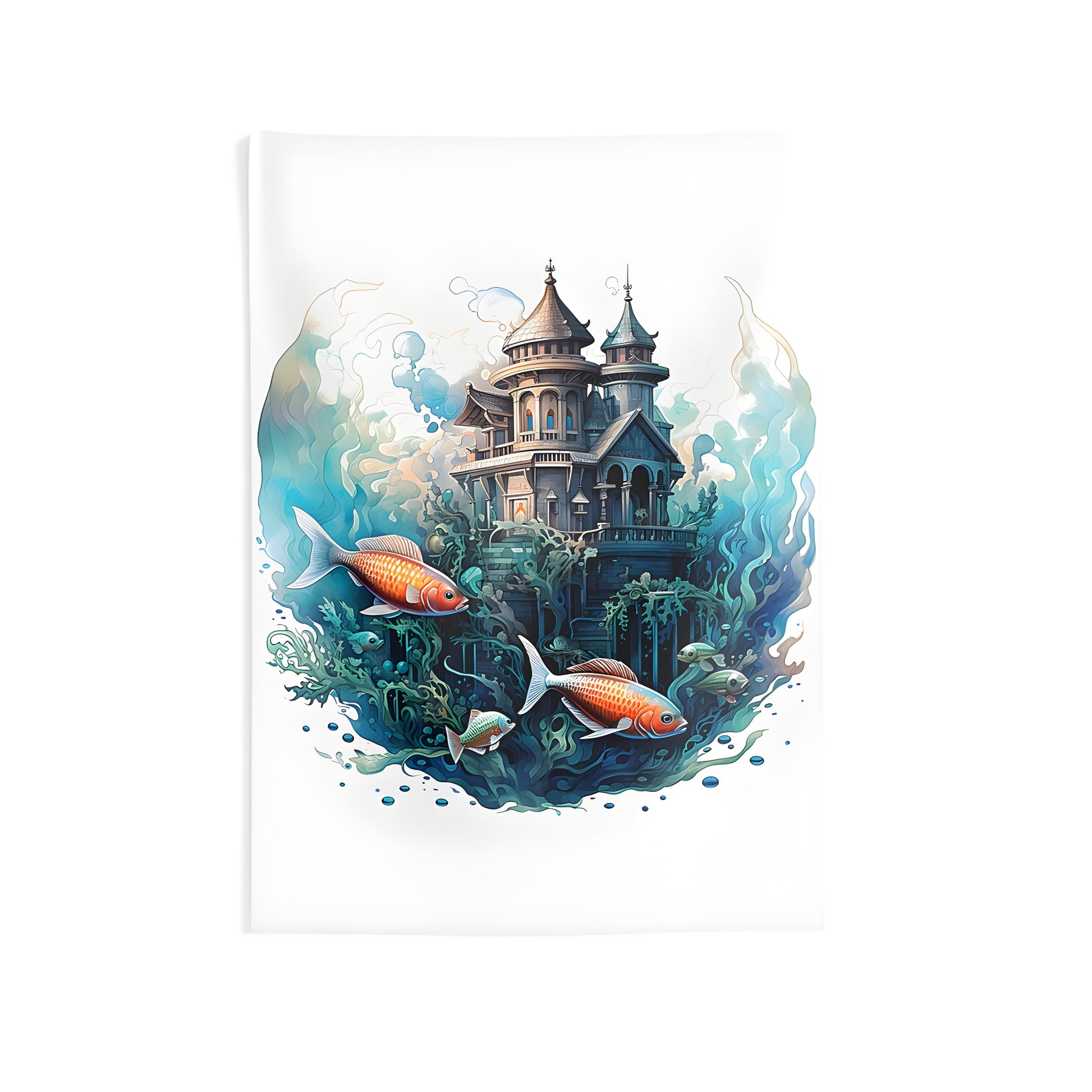 Indoor wall tapestry with underwater castle decor and colorful fish swimming around an aquatic plant paradise