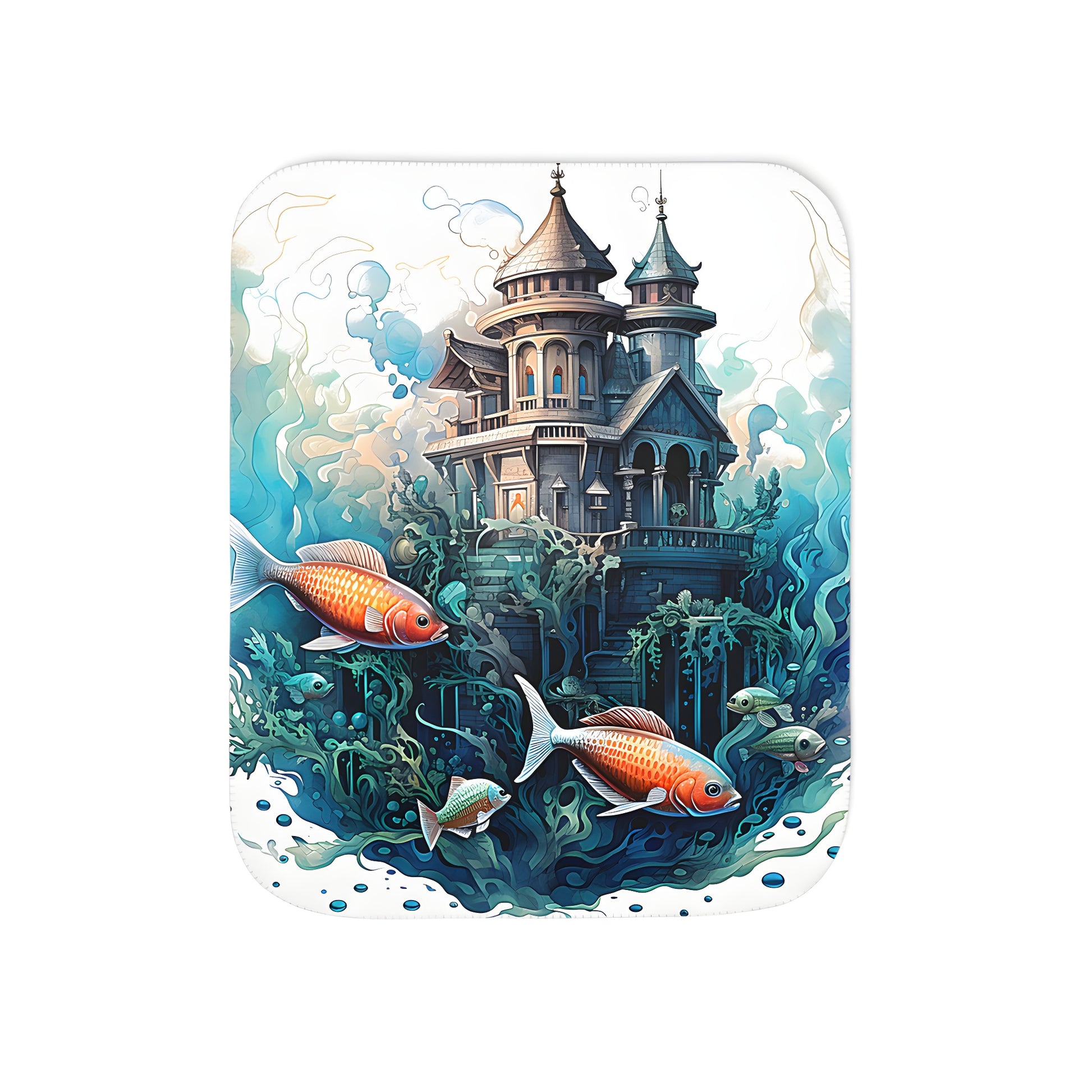 A vibrant blanket featuring a whimsical underwater scene of an ocean castle surrounded by colorful fish and aquatic plants.