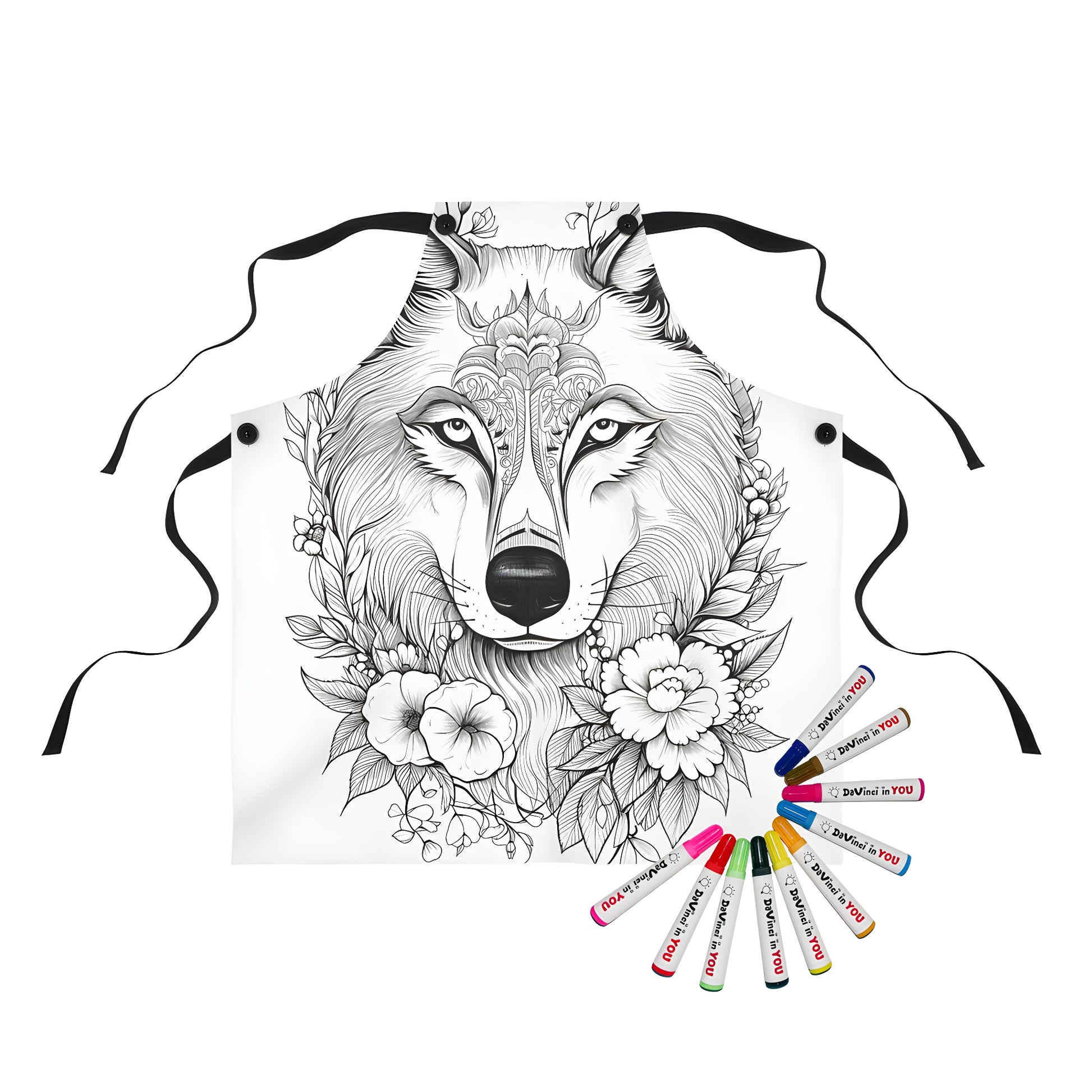 Floral wolf apron for coloring kit with fabric markers