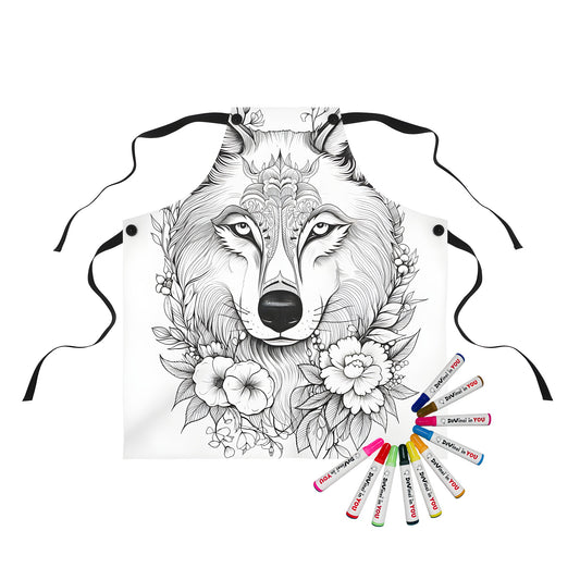 Floral wolf apron for coloring kit with fabric markers