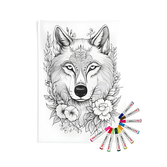 Colorful wall tapestry with detailed black and white wolf face illustration surrounded by decorative floral patterns