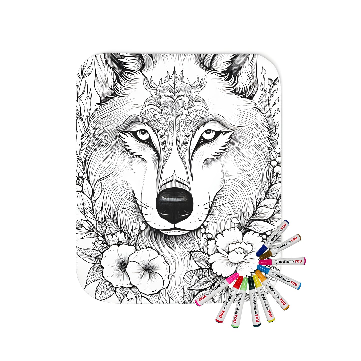 A vibrant blanket featuring a detailed black and white illustration of a wolf's face adorned with beautiful floral elements, surrounded by colorful flowers. Perfect for nature lovers and those who appreciate the beauty of wildlife.