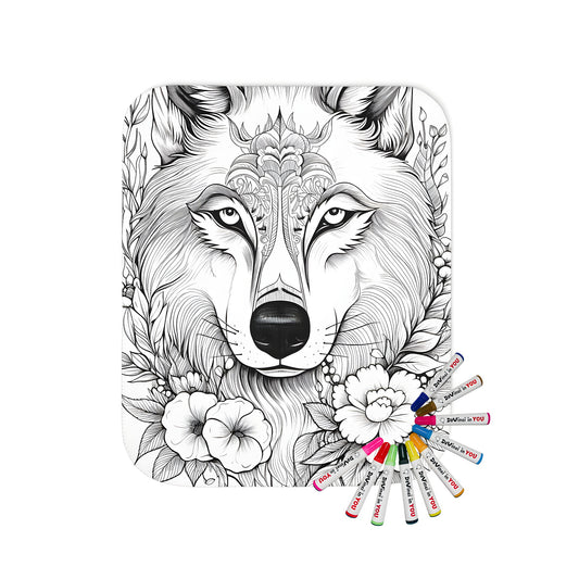 A vibrant blanket featuring a detailed black and white illustration of a wolf's face adorned with beautiful floral elements, surrounded by colorful flowers. Perfect for nature lovers and those who appreciate the beauty of wildlife.