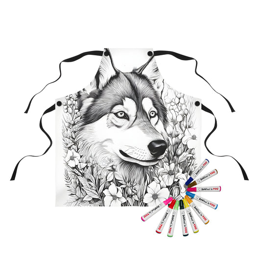 Detailed black and white sketch of a wolf's face on a colorful apron set against a backdrop of flowers and plants. Perfect for nature lovers and wolf enthusiasts.