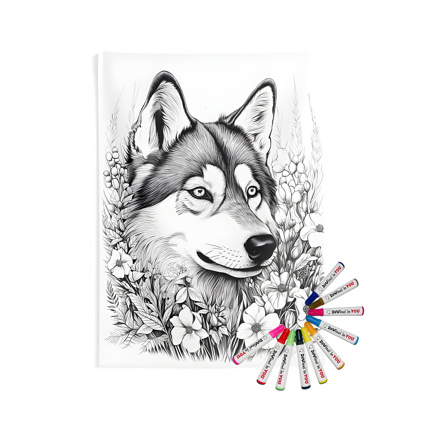 Detailed black and white wolf's face art against floral backdrop printed on indoor wall tapestry