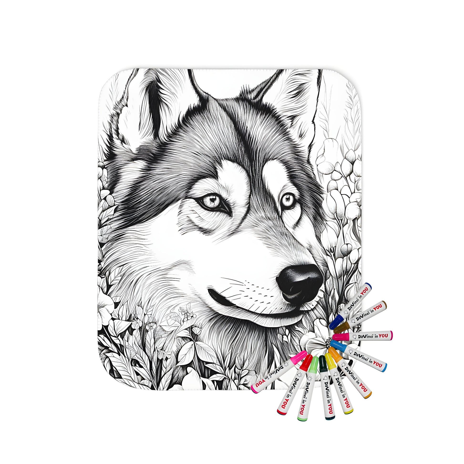 Detailed black and white sketch blanket with wolves surrounded by flowers and nature