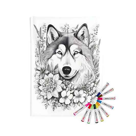 Indoor wall tapestry featuring a wolf face surrounded by flowers and botanical details