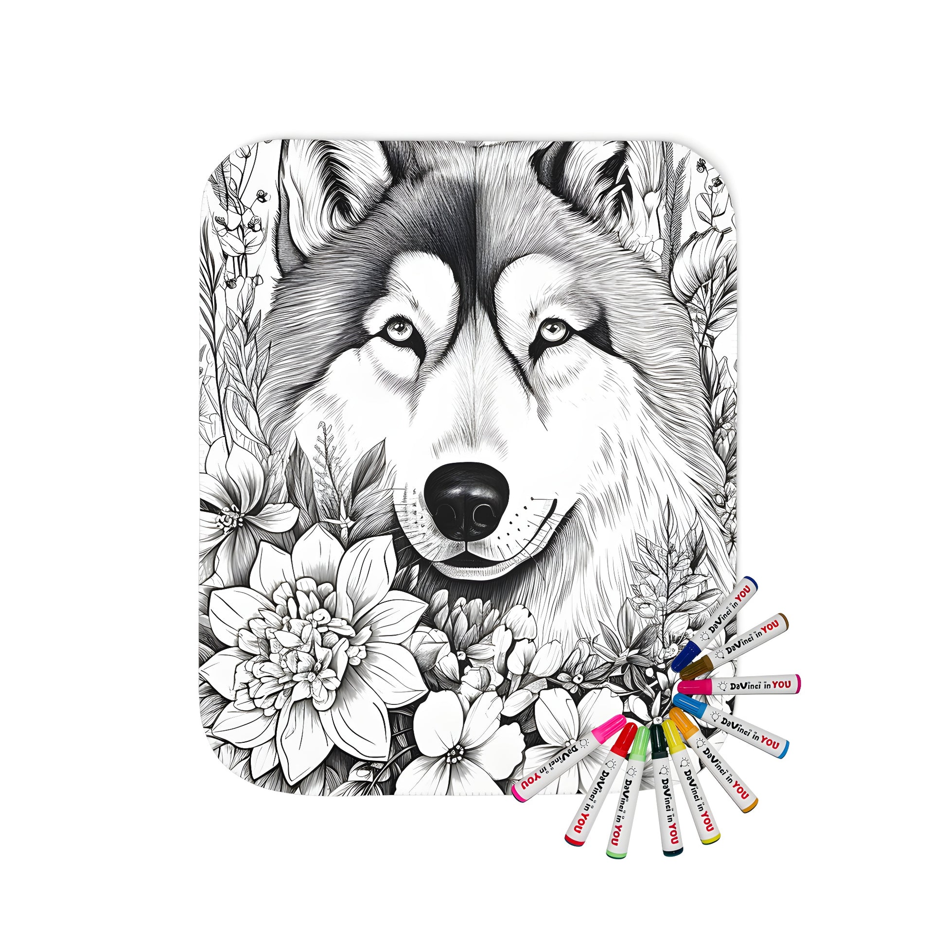 Wolf and floral blanket design with fabric markers