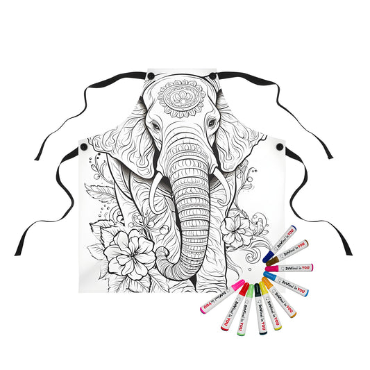 Apron with vibrant coloring page design featuring intricate line art of an elephant adorned with floral patterns and decorative designs