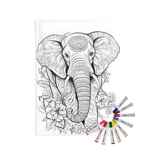 Indoor wall tapestries featuring intricate line art of an elephant adorned with floral patterns and decorative designs