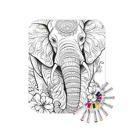 Intricate line art blanket with vibrant elephant design, floral patterns, and intricate details for adult coloring enthusiasts