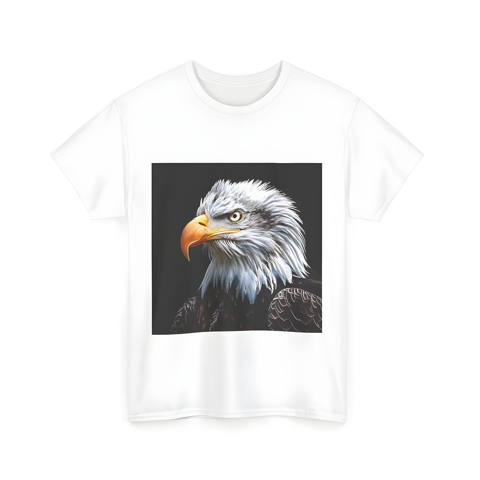 Colorful unisex t-shirt featuring a majestic close-up of an eagle, showcasing detailed feathers, sharp yellow beak, and intense eyes against a dark background