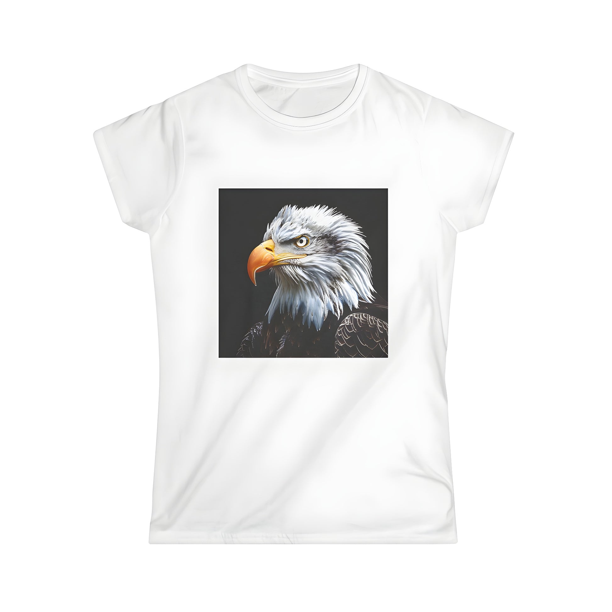 Close-up of majestic American Eagles in detailed feathers and sharp yellow beak against a dark background printed on a Women's T-shirt