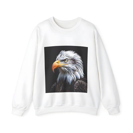 Adult sweatshirt featuring a majestic bald eagle design, close-up of detailed feathers and sharp beak against dark background