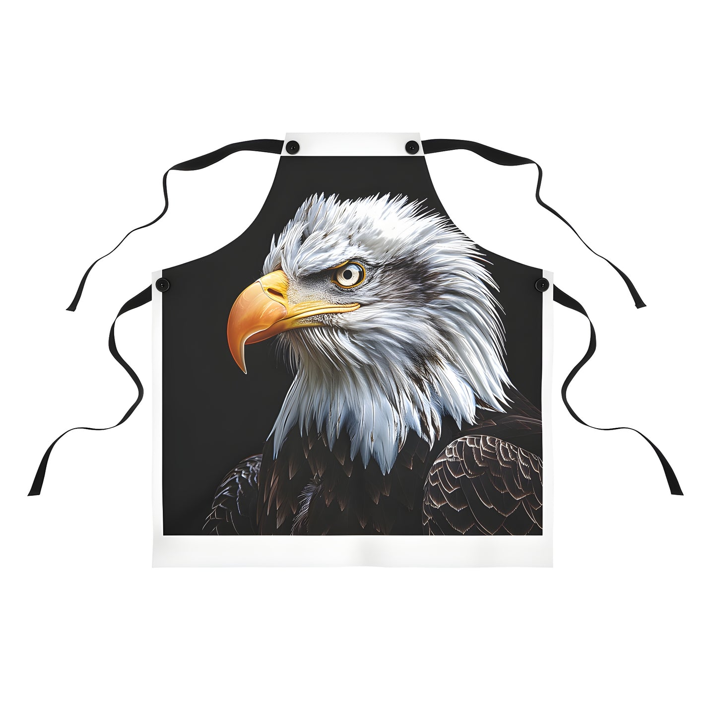 Colorful apron featuring a majestic bald eagle print, showcasing detailed feathers and sharp beak against a dark background