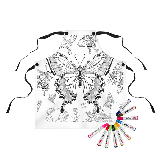 Coloring kit apron with vibrant butterfly designs and intricate flower illustrations