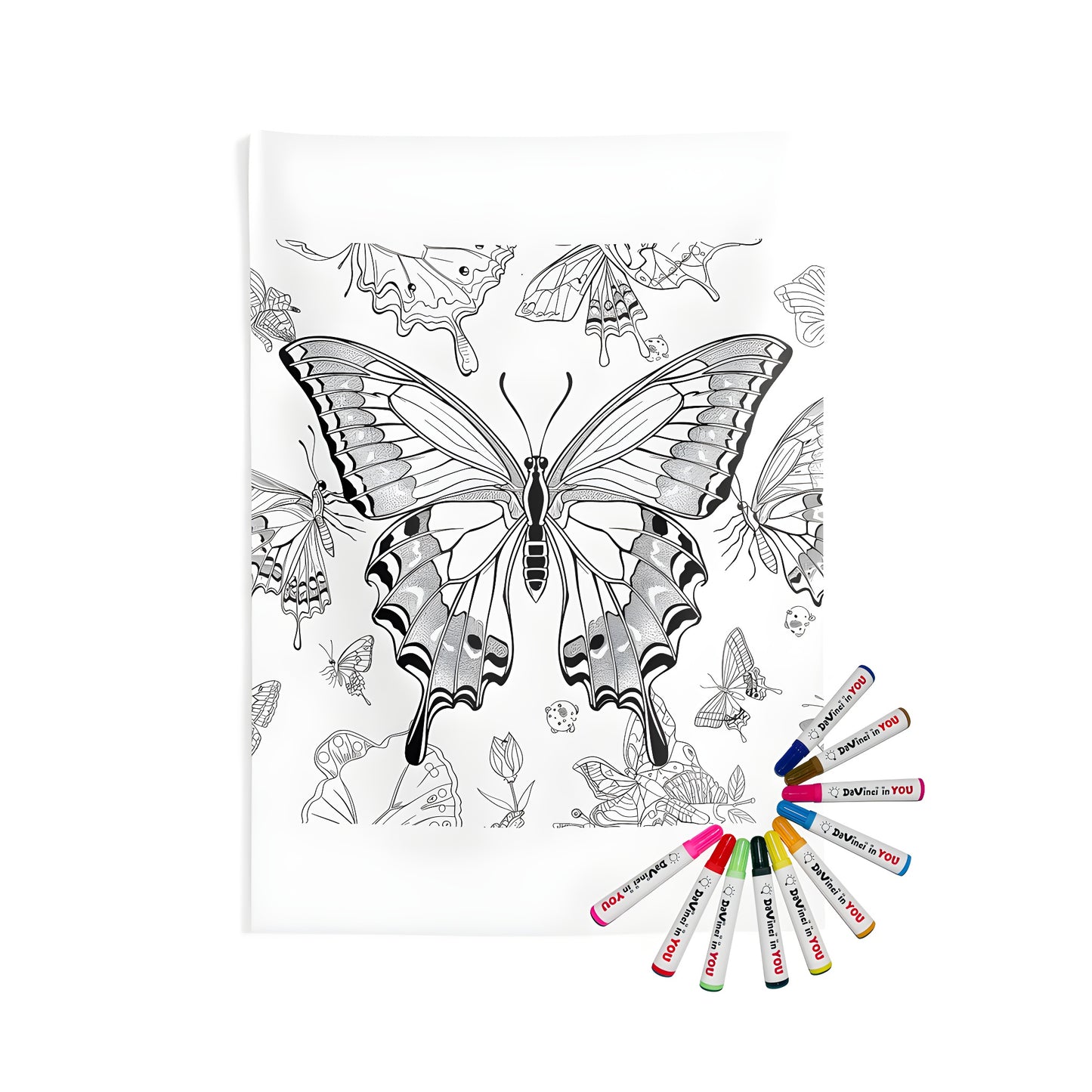 Colorful butterfly tapestry for indoor decoration, detailed black and white illustration of various butterflies with intricate wing patterns among flowers, 10 fabric markers included