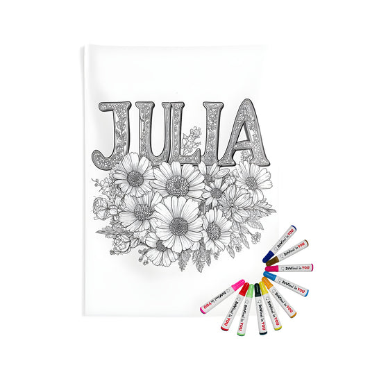 Indoor wall tapestry featuring intricate line drawing of Julia's name with detailed flowers and botanical elements, perfect for home decor