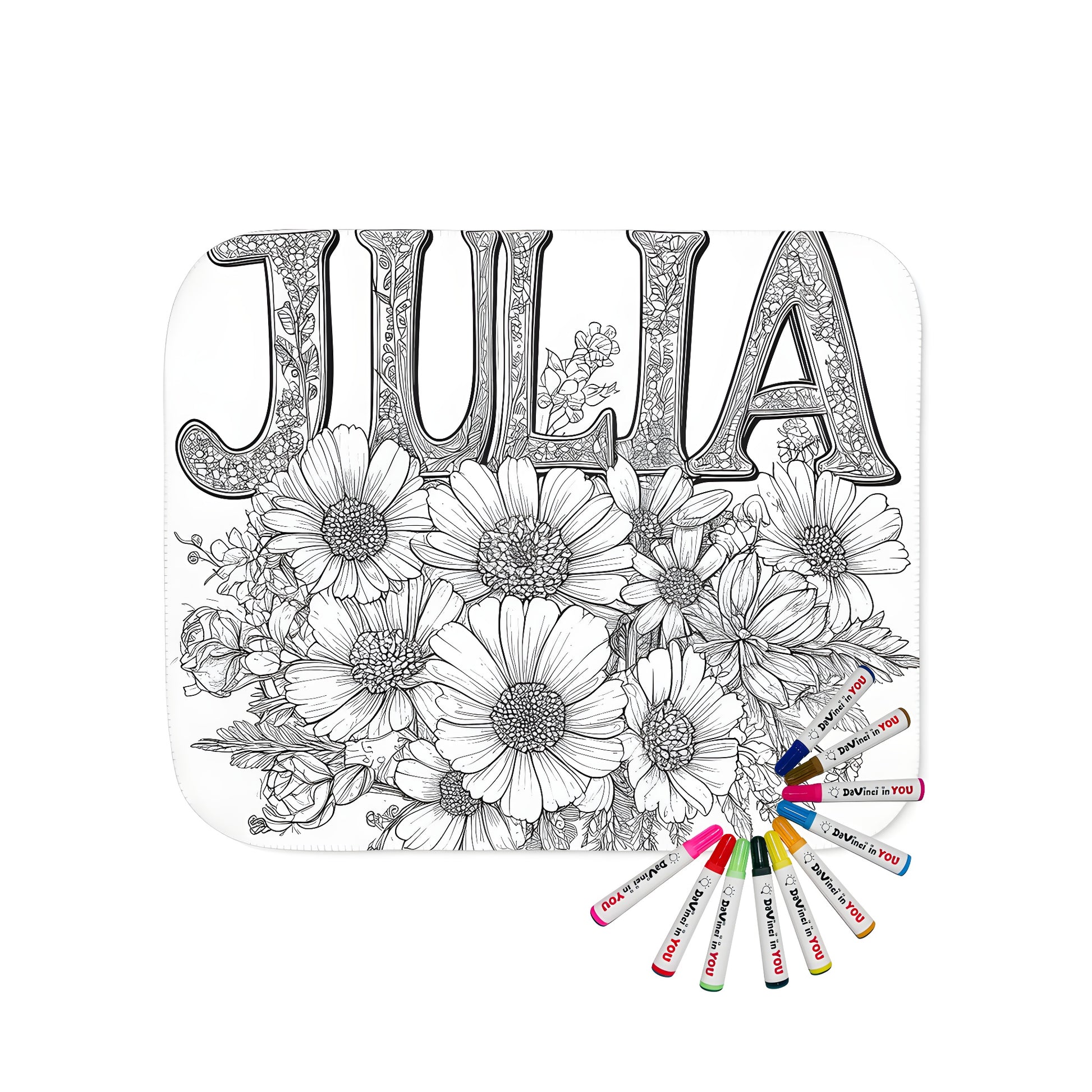 Intricate blanket design with Julia's name, detailed flowers, and botanical elements