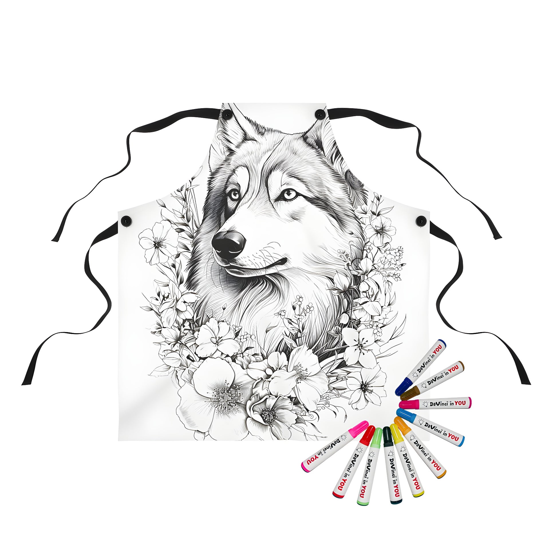 Coloring apron with Black and White detailed illustration of a majestic wolf surrounded by various flowers