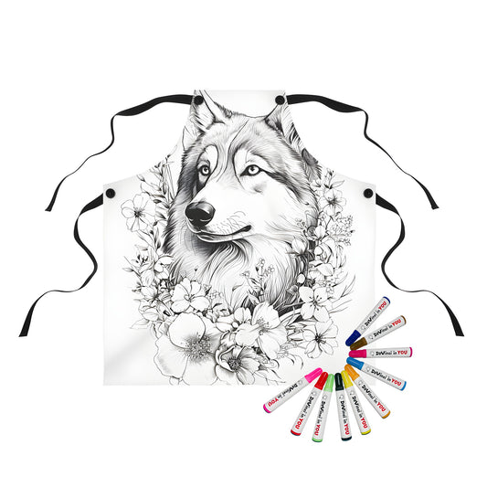 Coloring apron with Black and White detailed illustration of a majestic wolf surrounded by various flowers