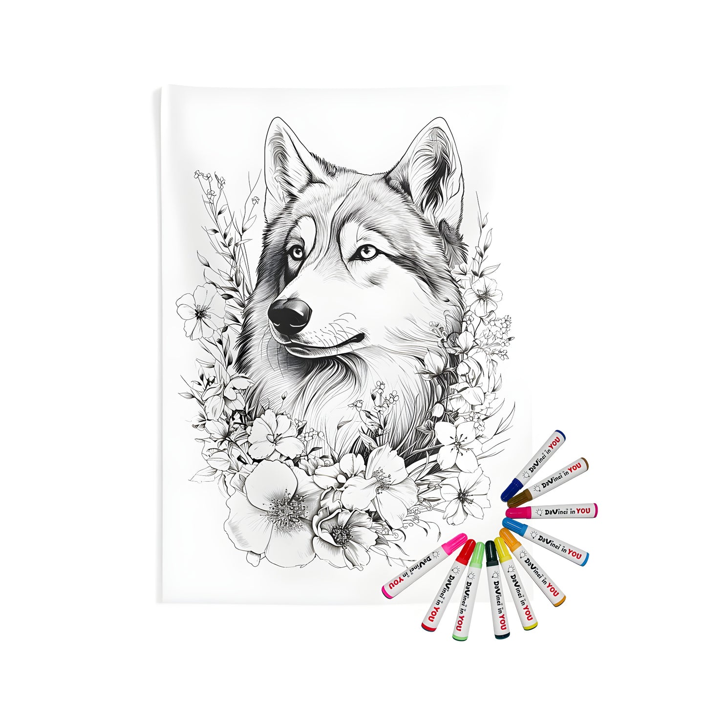 Indoor Wall Tapestry with Majestic Wolf and Floral Pattern