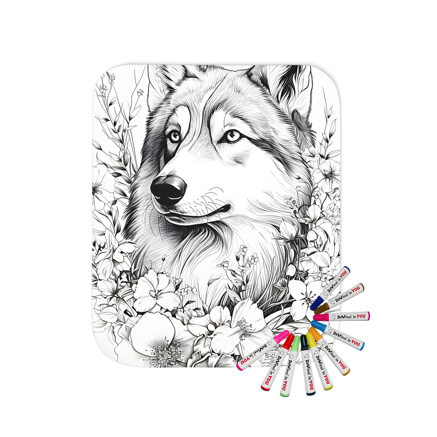 A beautiful blanket featuring a black and white detailed illustration of a majestic wolf surrounded by various flowers. Perfect for animal lovers and nature enthusiasts. Product includes 10 fabric markers.