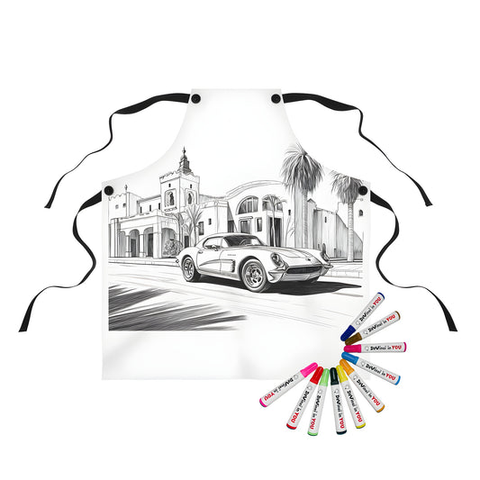 Apron with a classic motor car design, featuring an old-timey automobile in front of a historic building with palm trees on a sunny street