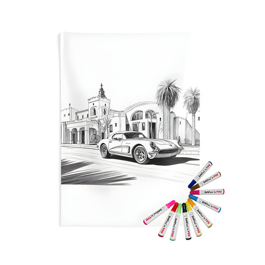 Vintage style automobile print on indoor wall tapestry, featuring historic building and palm trees