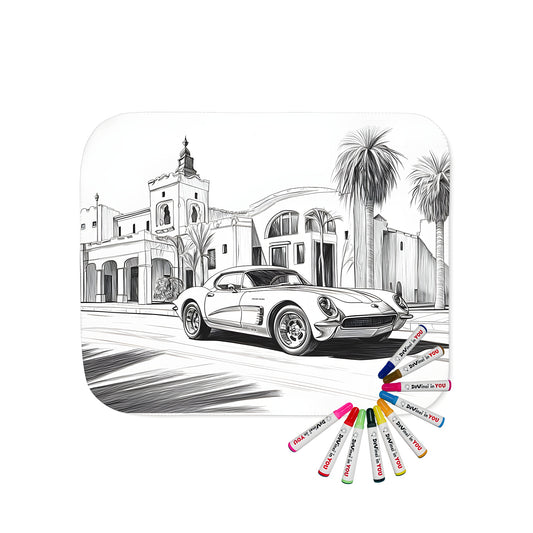 Cozy blanket with a vintage-inspired car design and historic building featuring palm trees