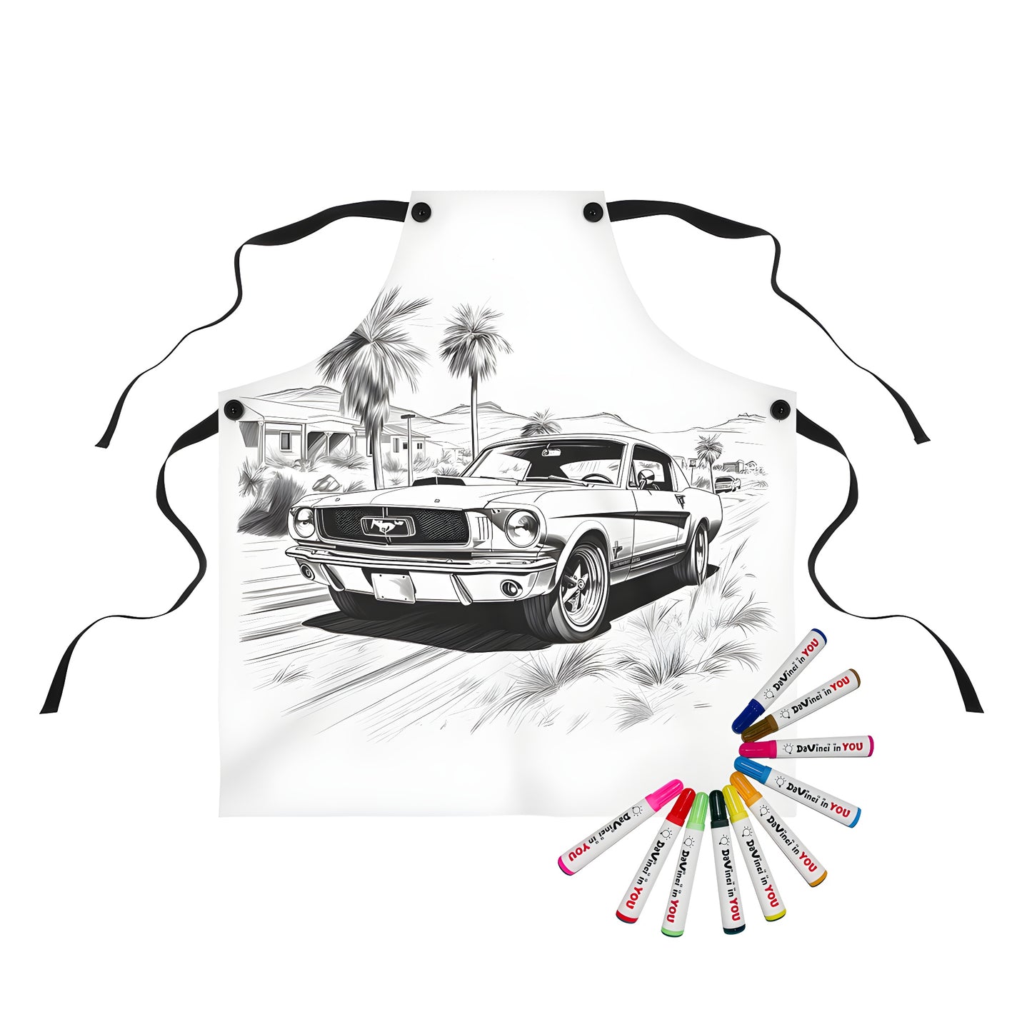 Apron with vintage classic car theme, detailed illustration of a Mustang driving in a desert landscape