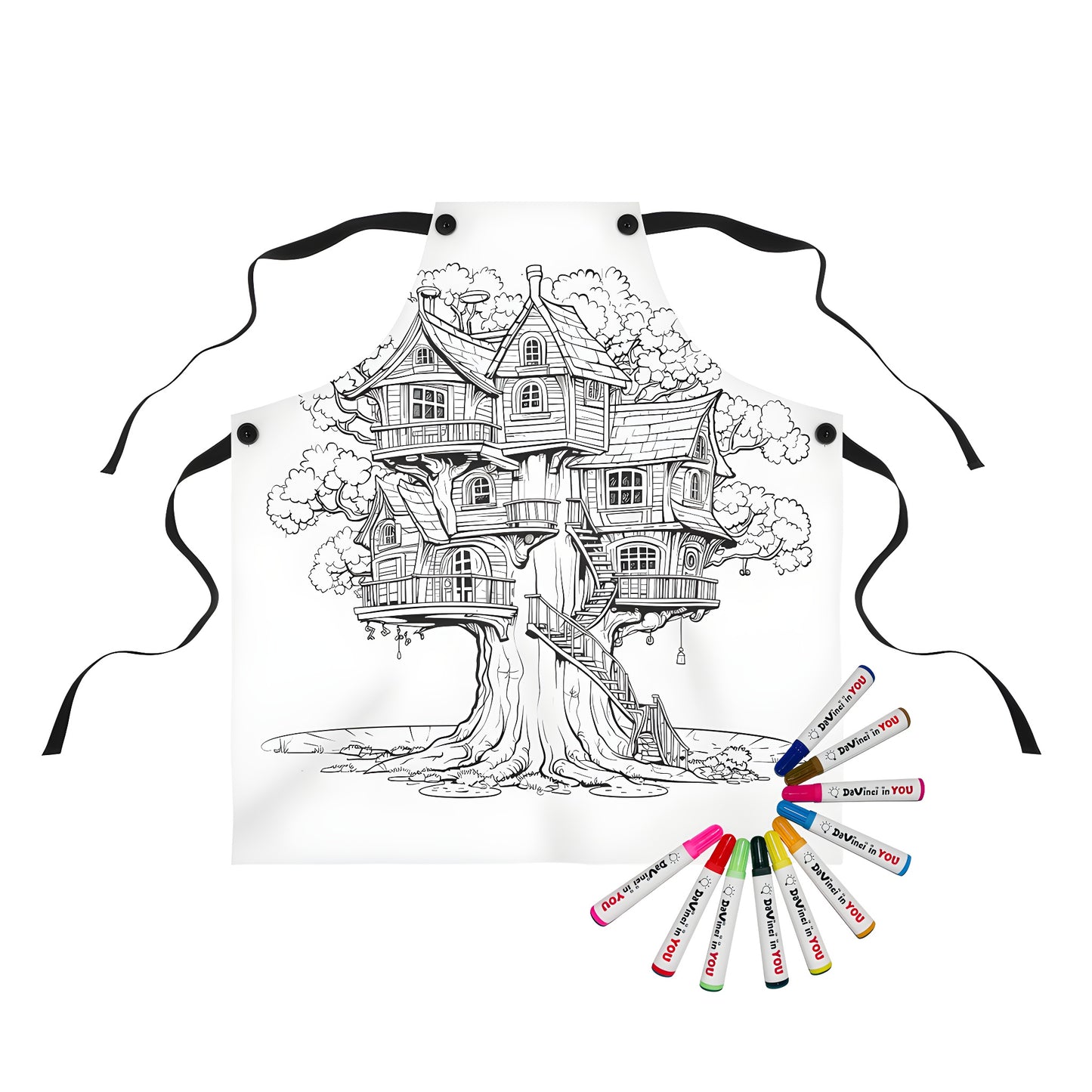 Intricate treehouse design apron with fantasy landscape and colorful details