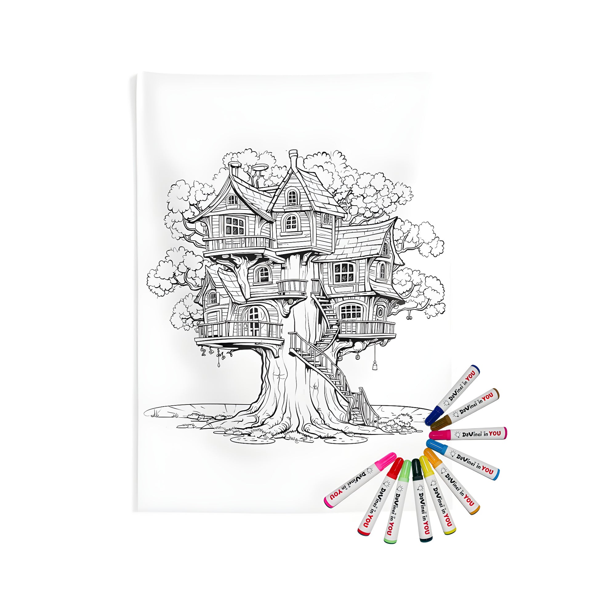 Intricate fantasy treehouse wall tapestry with multiple levels and balconies