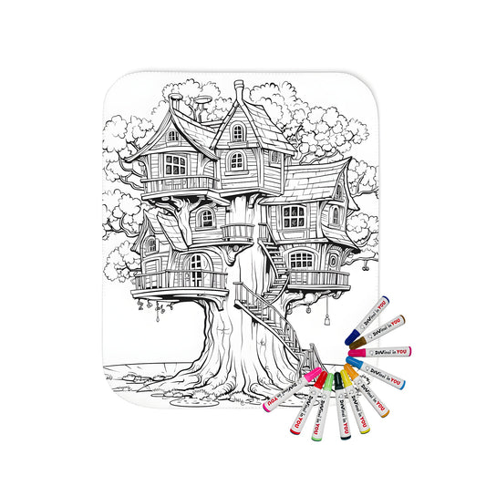 Cozy blanket with intricate fantasy treehouse design featuring multiple levels, balconies, and stairs in a large tree. Perfect for snuggling up with a coloring book and fabric markers.