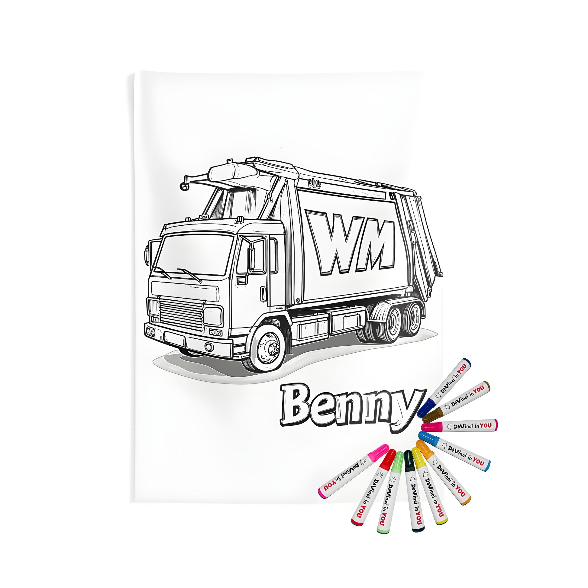 Wall art tapestry with a black and white garbage truck illustration, perfect for kids' bedrooms or offices.