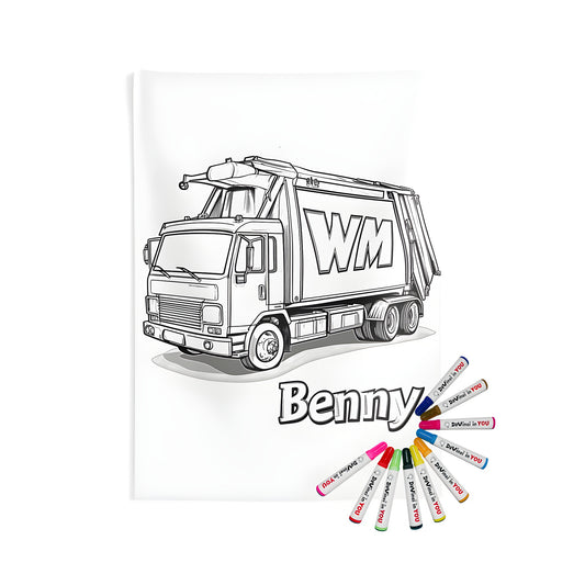 Wall art tapestry with a black and white garbage truck illustration, perfect for kids' bedrooms or offices.