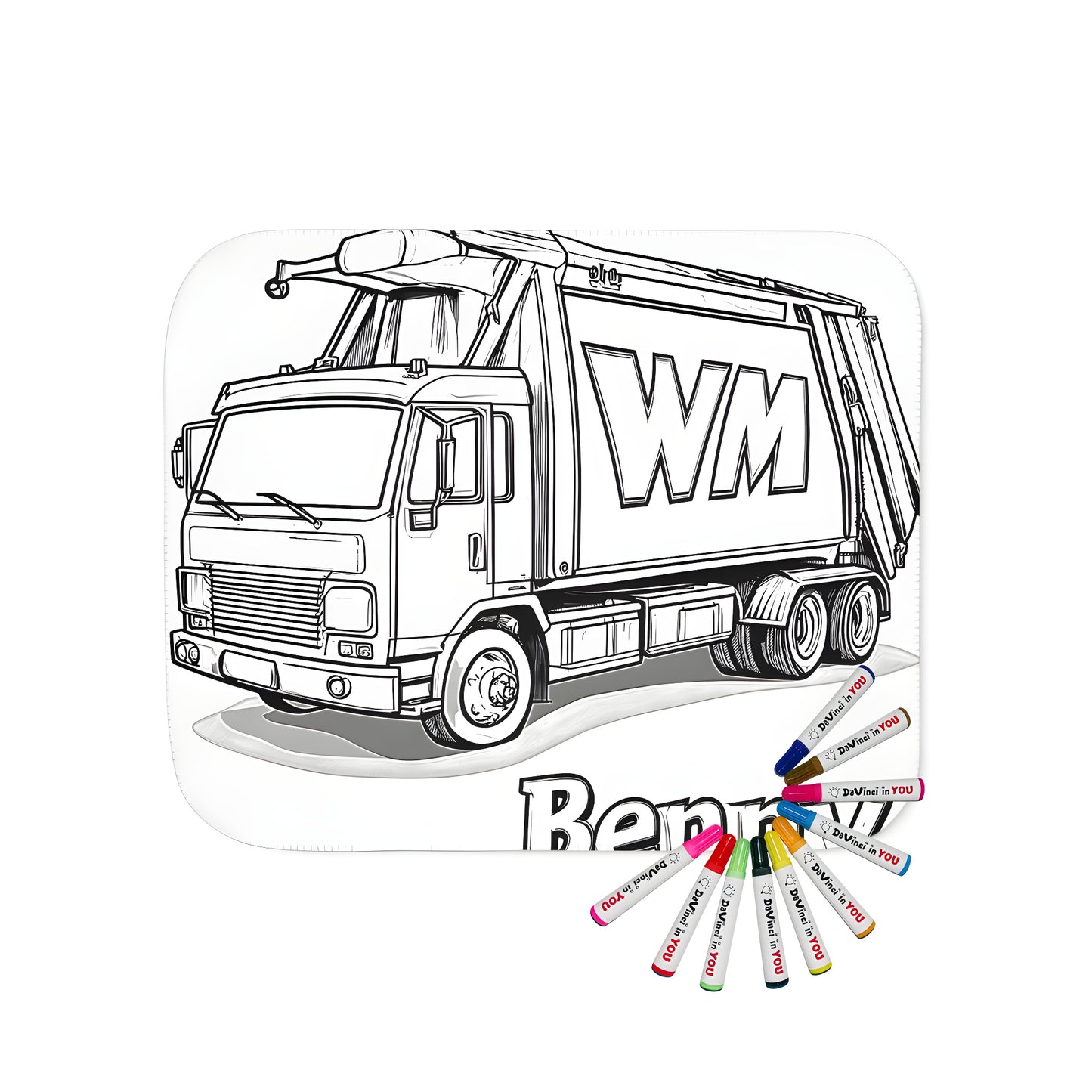 Blanket featuring a Black and white outline of a Waste Management truck labeled 'WM' with 'Benny' written underneath